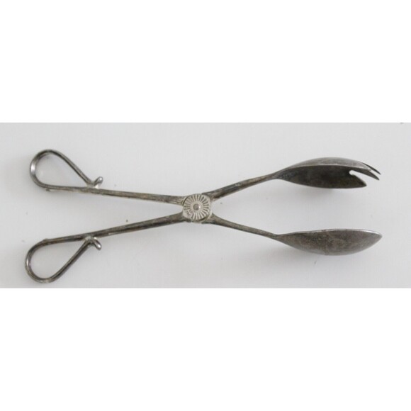 Vintage E.P. Zinc Silver Plate Italy 10.5" Salad Tongs Scissor Style Hinge - Picture 4 of 5